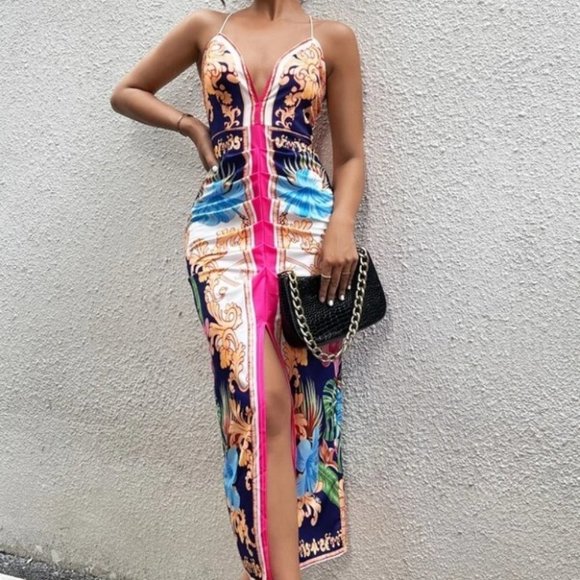 Boho Chic Tropical Print Split Thigh Cami Maxi Dress